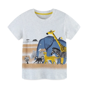Kids grey t-shirt with colorful safari animal prints and yellow ribbed neckline