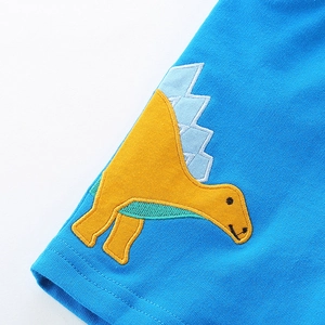 Boys bright blue knit shorts featuring a cute yellow dinosaur embroidery patch detail
