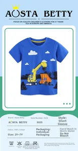Detail of navy cotton boy's t-shirt showing yellow excavator and dump truck print
