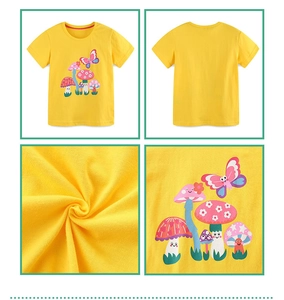 Detail view of cotton kids yellow t-shirt with mushroom print and neckline stitching