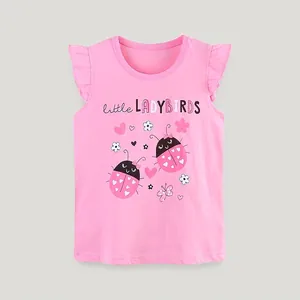 T-Shirt sans Manches en Coton Rose pour Fille avec Volants Imprimé Coccinelle Dessin Animé Haut Décontracté d'Été