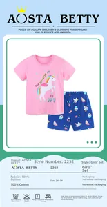 Dettaglio del set estivo in cotone per bambine con T-shirt rosa unicorno e pantaloncini