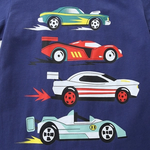 T-shirt bleu marine en coton pour garçons avec quatre motifs de voitures de course