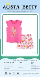 Detail of pink cotton girl's summer set with sea horse prints and fabric information