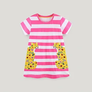 Girl Summer Cotton Dress European Style Pink White Stripe Cartoon Leopard Patch Embroidery Short Sleeve Princess Dress