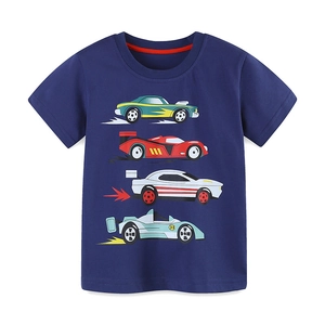T-shirt manches courtes en coton bleu foncé pour garçon avec imprimé voitures de course