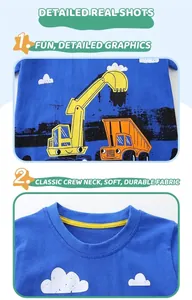 Detail of boys blue cotton t-shirt featuring excavator print and yellow contrast neck tape