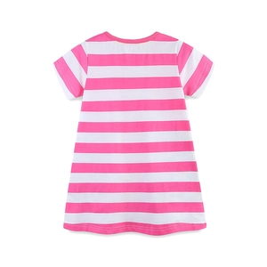 Girls' pink and white striped short sleeve cotton dress with classic round neck design