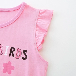 T-shirt en coton rose pour filles avec imprimé fleur et oiseaux et manches volantées