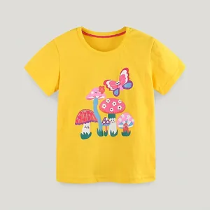 T-Shirt da Bambina in Cotone a Manica Corta Fungo Farfalla Cartone Animato Stampa Giallo Top Casual Estivo