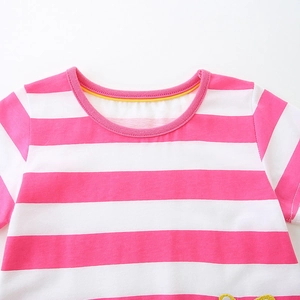 Girls summer striped dress with pink and white patterns and yellow crew neck details