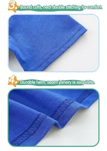 Detailed view of double-stitched cuffs and reinforced hem on royal blue cotton t-shirt