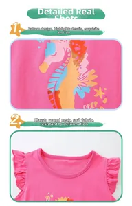 Detail of rose pink girls top with seahorse print and ruffle sleeves in soft knit fabric