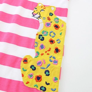 Pink and white striped girls' summer dress featuring a colorful leopard patch embroidery