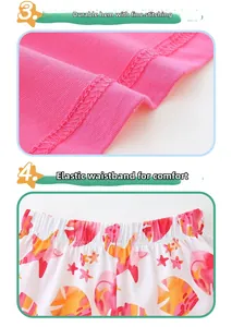 Detail of durable overlock hem and elastic waistband on girls' seahorse print summer set
