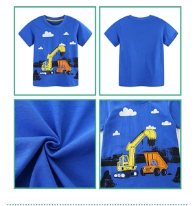 Detailed views of royal blue cotton boy's t-shirt with cartoon construction vehicle print