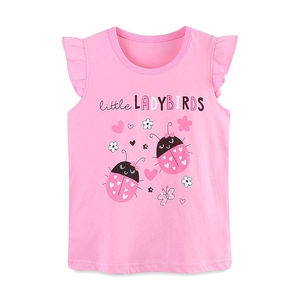 T-shirt rose sans manches pour filles en coton avec coccinelle et volants