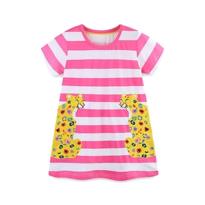 Pink striped cotton girls dress with cartoon leopard pockets and flower embroidery