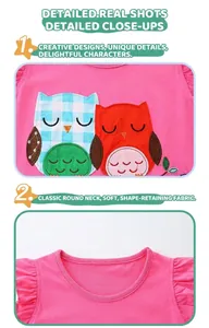 Détail du t-shirt rose en coton avec écussons hiboux brodés et volants aux épaules