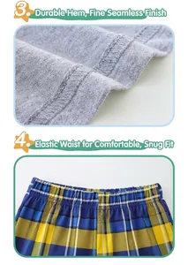 Détail du haut en tricot gris et du short à carreaux bleu jaune avec taille élastique
