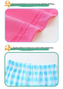 Détails de l'ourlet rose cousu et de la taille élastique à carreaux bleus pour enfants