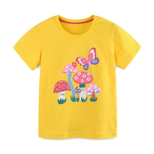 Bright yellow cotton t-shirt for girls with colorful mushroom and butterfly cartoon print