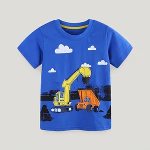 Boys Cartoon Construction Vehicle Cotton T-Shirt Summer Short Sleeve Excavator Print Casual Crew Neck Toddler Kids Top