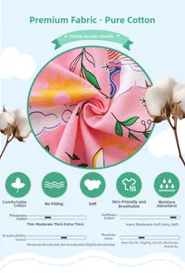 Close-up of soft pink cotton fabric with unicorn and cartoon cloud prints for girls