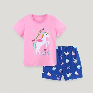 Abbigliamento Estivo in Cotone per Ragazze Stampa Unicorno Cartone Animato Top Manica Corta e Pantaloncini Completo Casual