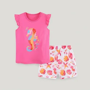 Girls Summer Short Sleeve Clothing Pink Seahorse Print Ruffle Top Sea Life Pattern Shorts Cotton Kids Boutique Apparel