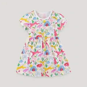 Robe d'Été en Coton à Manches Courtes pour Filles avec Imprimé Tropical d'Animaux de Dessins Animés Col Rond Taille Haute