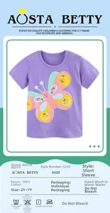 Détail du t-shirt en coton pour filles avec imprimé papillon coloré et tableau des tailles