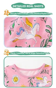 Detailed macro view of girls pink unicorn dress with soft round collar and Pegasus print