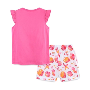 Girls summer 2-piece set with pink ruffle sleeve top and seahorse print shorts