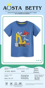 Detail of 100% cotton blue kids t-shirt showing construction excavator cartoon print