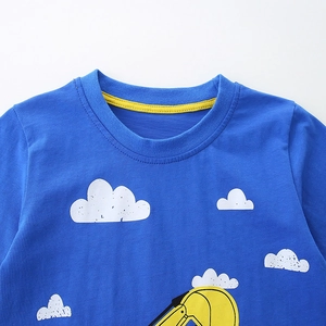 Boys short sleeve blue cotton T-shirt with cartoon excavator and clouds print