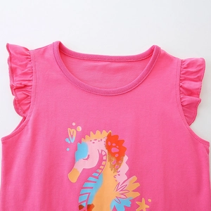 Pink toddler girl short sleeve set with cartoon seahorse print and ruffle shoulders