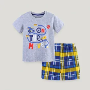 Ensemble Deux Pièces en Coton pour Garçons T-Shirt à Manches Courtes et Short à Carreaux Motif Véhicule de Chantier