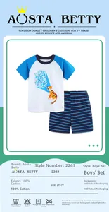 Detail of boys 100% cotton summer set with cartoon tiger print T-shirt and striped shorts
