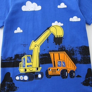 Boys' blue cotton T-shirt featuring cartoon construction excavator and dump truck print