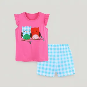 Ensemble de Vêtements d'Été pour Filles en Coton avec Haut à Manches Volantes Appliqué Hibou et Short Vichy