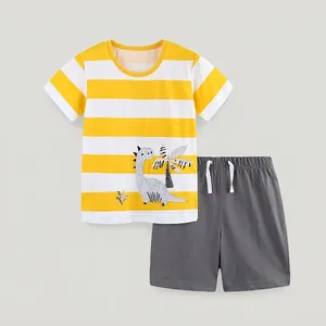Ensemble Été Garçon Haut Rayé Manches Courtes Et Short Tricot Coton Broderie Dinosaure Vêtements Décontractés