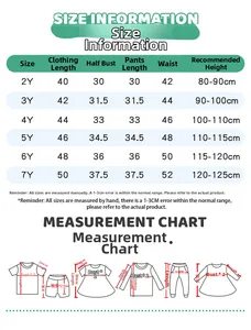 Size chart for kids cotton set (2Y-7Y) with detailed body measurements for heights 80-125cm