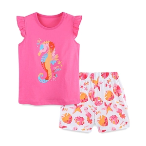 Girls summer pajama set with pink seahorse sleeveless top and marine print shorts