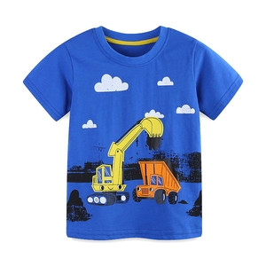 Blue cotton boys t-shirt with cartoon excavator and dump truck print on white background