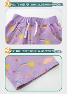 Détail du short violet pour fille avec motifs arc-en-ciel, taille élastique et cordon