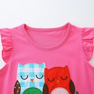 Ensemble fille rose fuchsia avec broderie hibou en coton et volants sur les épaules