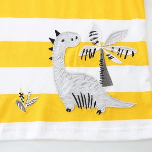 Ensemble d'été pour garçons en coton avec rayures jaunes et blanches et broderie dinosaure