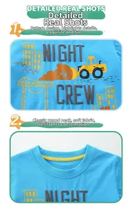 Detail of blue cotton T-shirt featuring a yellow construction crane print and ribbed neckline