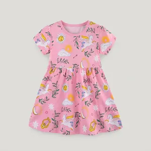 Girls Summer Cotton Short Sleeve Dress Cartoon Unicorn Pegasus Print Princess Pink Dress For Kids Round Neck Casual Top